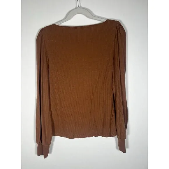 Reformation Jeans brown scoop neck puff sleeve ribbed long slv tshirt XL stretch - Picture 2 of 8